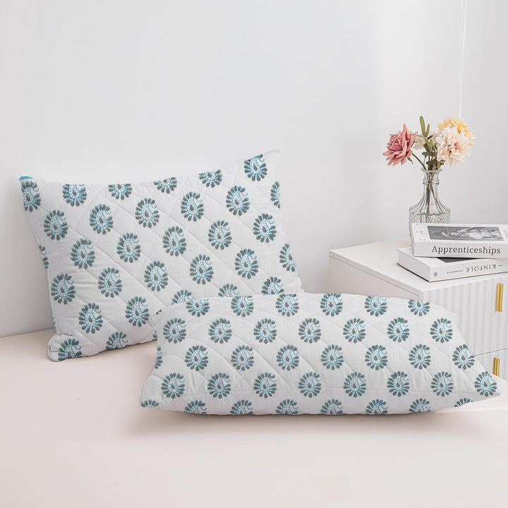PRINTED COTTON Quilted Pillow Cover - Set of 2 | 300 TC | Ultra-Soft, Cooling & Breathable | Skin & Hair Friendly | Zipper Closure | Sweat-Absorbent & Hypoallergenic