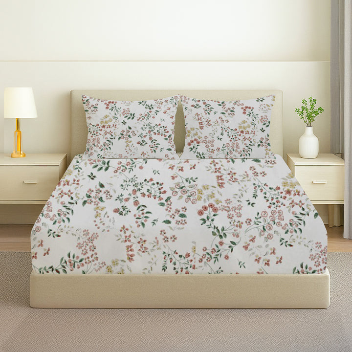 Printed Cotton Percale Fitted/Elasticated Bedsheet | Floral All-Around Elastic Deep Pocket Bedsheet with Matching Pillow Cover | 300 TC | Soft, Breathable, Luxury Bedsheet