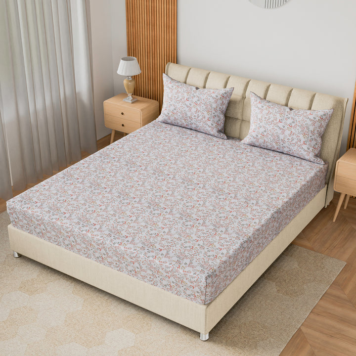 Printed Cotton Percale Fitted/Elasticated Bedsheet | Floral All-Around Elastic Deep Pocket Bedsheet with Matching Pillow Cover | 300 TC | Soft, Breathable, Luxury Bedsheet