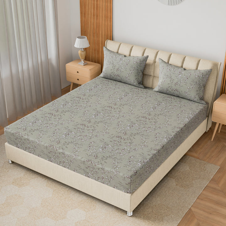 COTTON TWILL | Fitted Sheet | Floral Printed All-Around Elastic Deep Pocket Bedsheet with Matching Pillow Cover | 300TC| Soft, Breathable