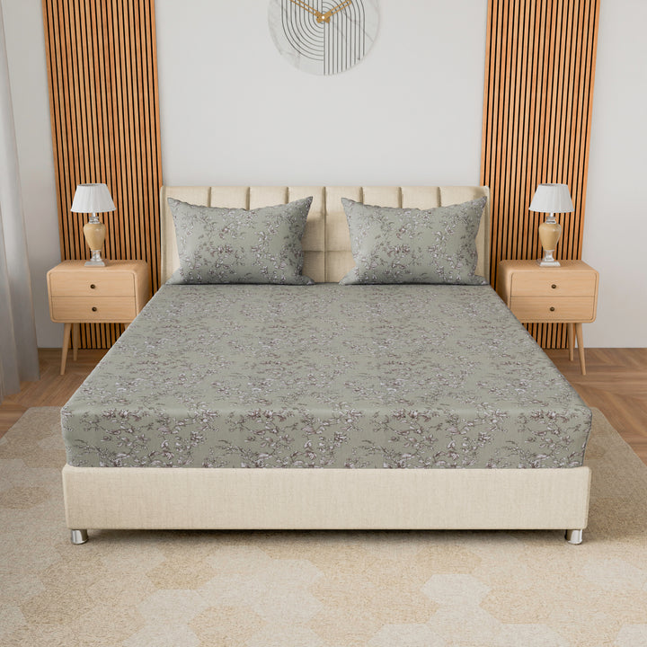 COTTON TWILL | Fitted Sheet | Floral Printed All-Around Elastic Deep Pocket Bedsheet with Matching Pillow Cover | 300TC| Soft, Breathable