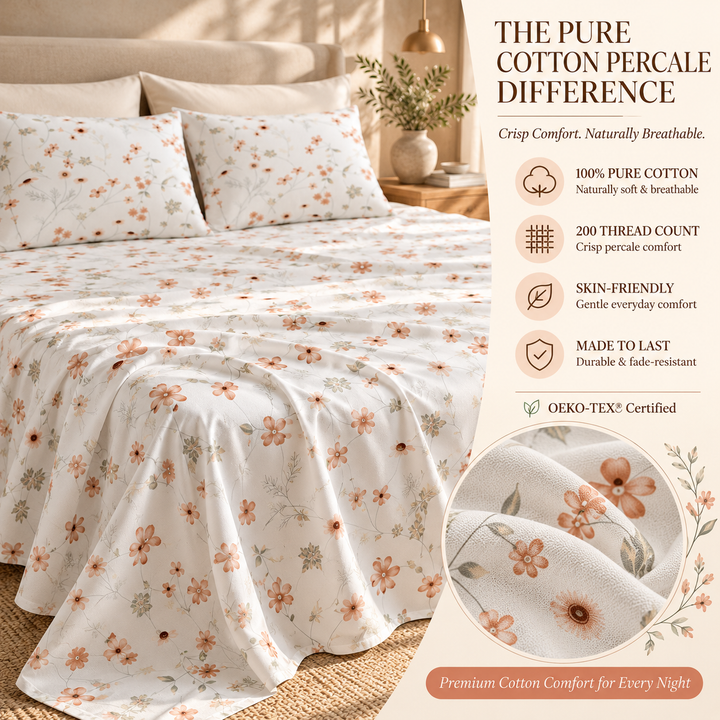 Pure Percale Cotton Bedsheets with Pillowcase | Printed Claude Soft, Breathable | 200 TC Flat Bed Sheet