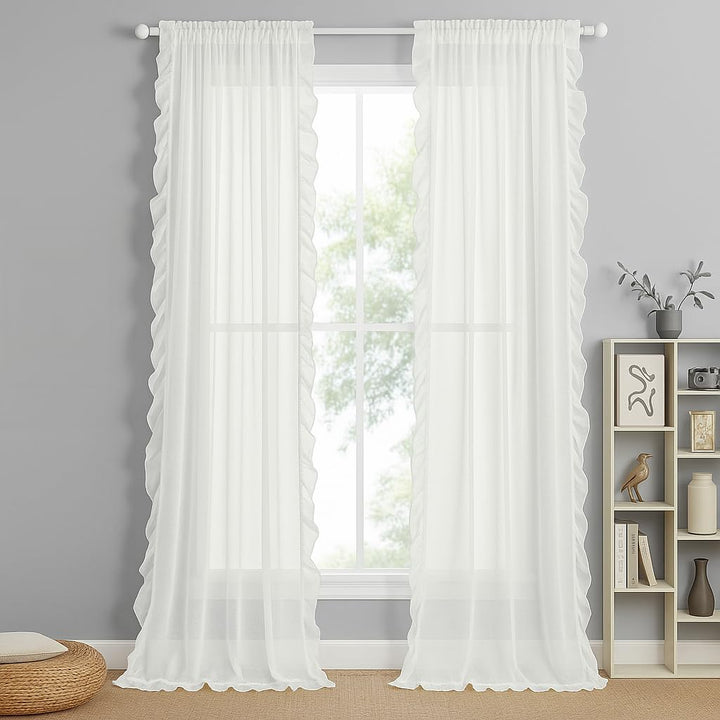 RUFFLED SIDES | Cotton Linen Sheer Curtains | Rod Pocket Hanging | Light Filtering Linen-Textured Drapes for Stylish Living Room Décor set of 2 panels