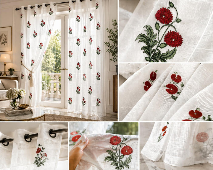 Hand Block Printed Cotton Linen Sheer Floral Door Curtains – Light Filtering, Grommet Style, Pack of 2 (Rubby Flora)
