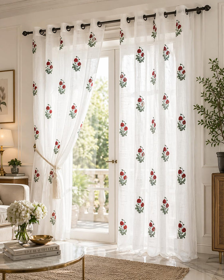 Hand Block Printed Cotton Linen Sheer Floral Door Curtains – Light Filtering, Grommet Style, Pack of 2 (Rubby Flora)
