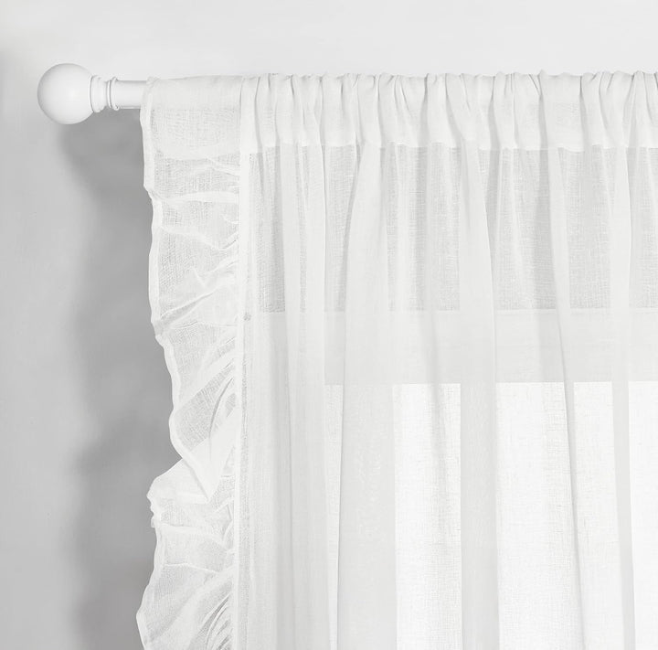 RUFFLED SIDES | Cotton Linen Sheer Curtains | Rod Pocket Hanging | Light Filtering Linen-Textured Drapes for Stylish Living Room Décor set of 2 panels