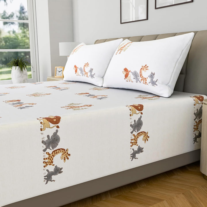 Kids Room Cotton Printed Bedsheet With 2 Pillow Cover (Jungle Safari)
