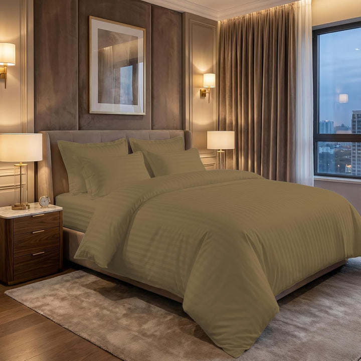 300 Thread Count | Cotton Bedsheet Set | Elegant 2 cm Sateen Stripe Weave | Ultra-Soft, Breathable & Skin-Safe | Oeko-TEX® Certified Hotel-Style Bedding