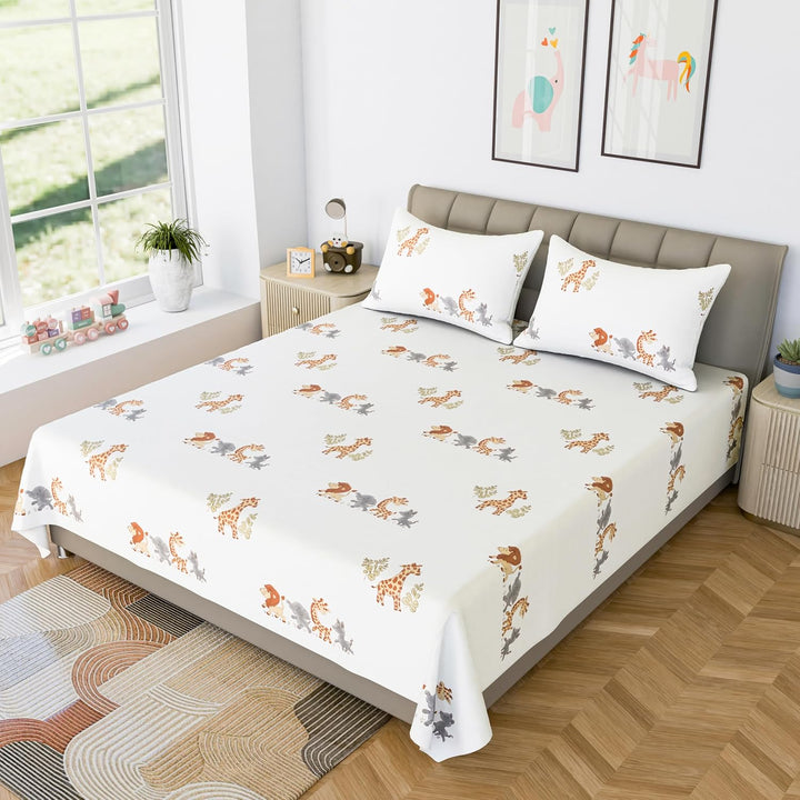 Kids Room Cotton Printed Bedsheet With 2 Pillow Cover (Jungle Safari)