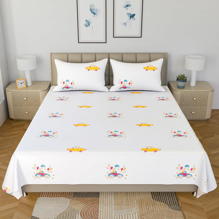 Kids Room Cotton Printed Bedsheet With 2 Pillow Cover (Bunny & Balloons, 90 x 100 Inches)