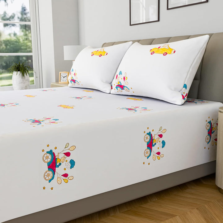 Kids Room Cotton Printed Bedsheet With 2 Pillow Cover (Bunny & Balloons, 90 x 100 Inches)