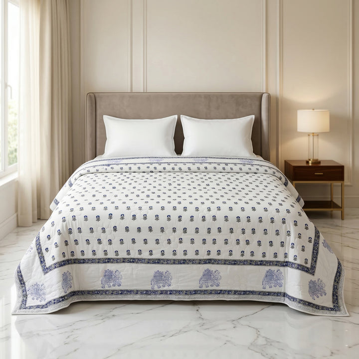 Organic Mulmul Cotton Quilt – Hand Block Printed, All-Season Reversible Quilt
