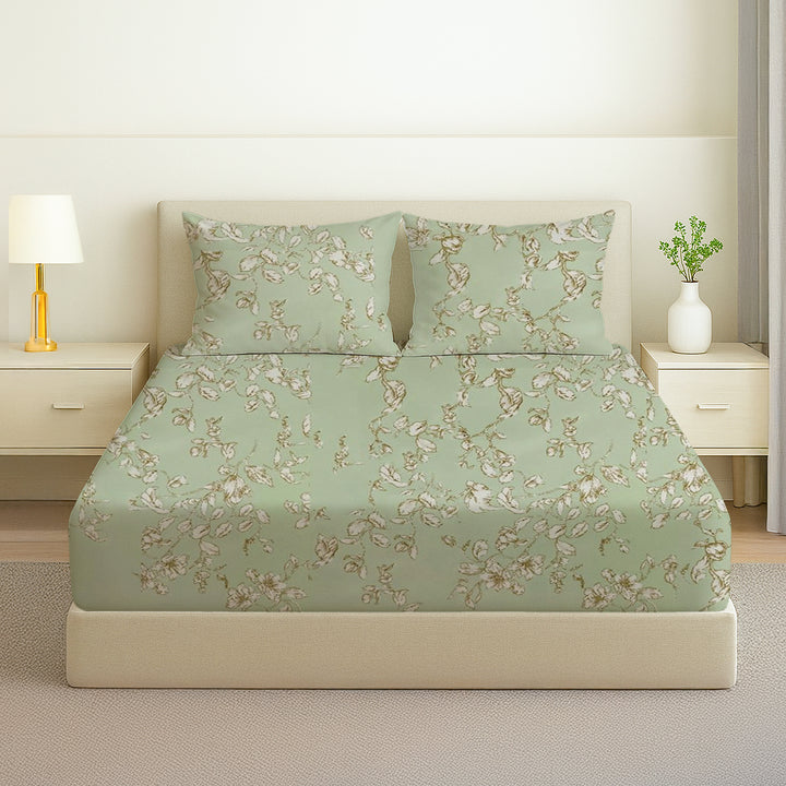 COTTON TWILL | Fitted Sheet | Floral Printed All-Around Elastic Deep Pocket Bedsheet with Matching Pillow Cover | 300TC| Soft, Breathable