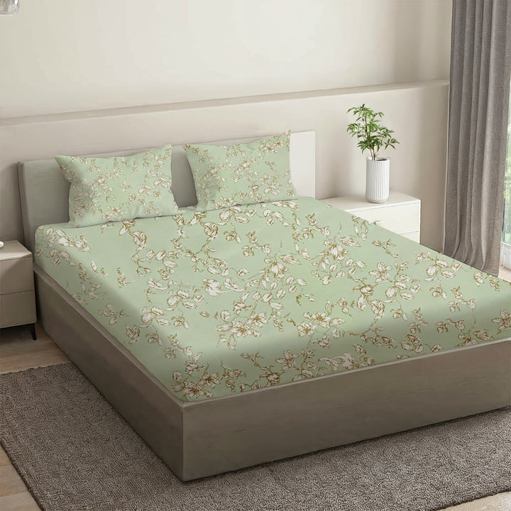 COTTON TWILL | Fitted Sheet | Floral Printed All-Around Elastic Deep Pocket Bedsheet with Matching Pillow Cover | 300TC| Soft, Breathable