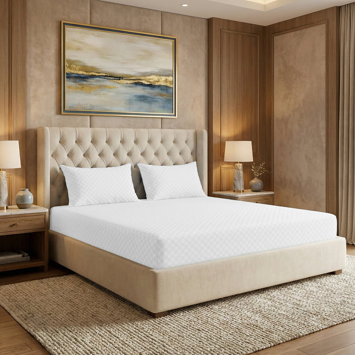 300 Thread Count | Cotton Fitted Bedsheet | Refined Jacquard Self-Checks Weave | All-Around Elastic Fit for 4–8 Inch Mattresses | Hotel-Style Luxury Soft Bedding