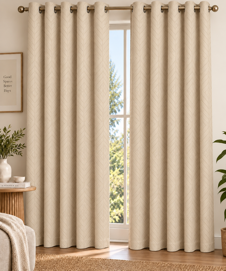 Embossed Herringbone Leaf 100% True Blackout Curtains Set of 2 Panels |Thermal Insulated | Light Blocking | Grommet Hanging